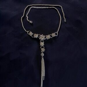 Vintage Rhinestone Floral Y Necklace with Chain Tassel